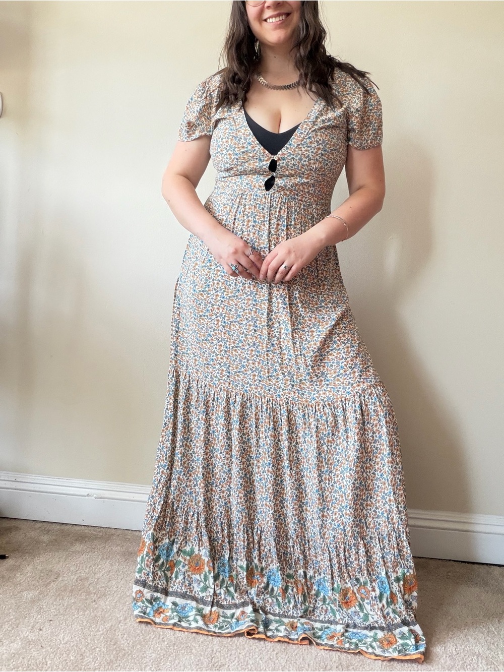 NATURAL LIFE Floral Tiered Maxi Dress in Ivory, Blue, and Orange
